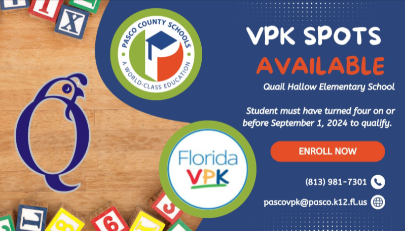 VPK Spots Available at Quail Hollow Elementary 24-25